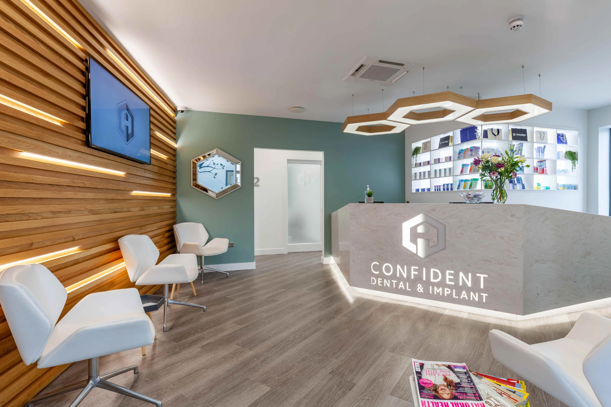 Warm wood reception at Confident Dental and Implant Clinic