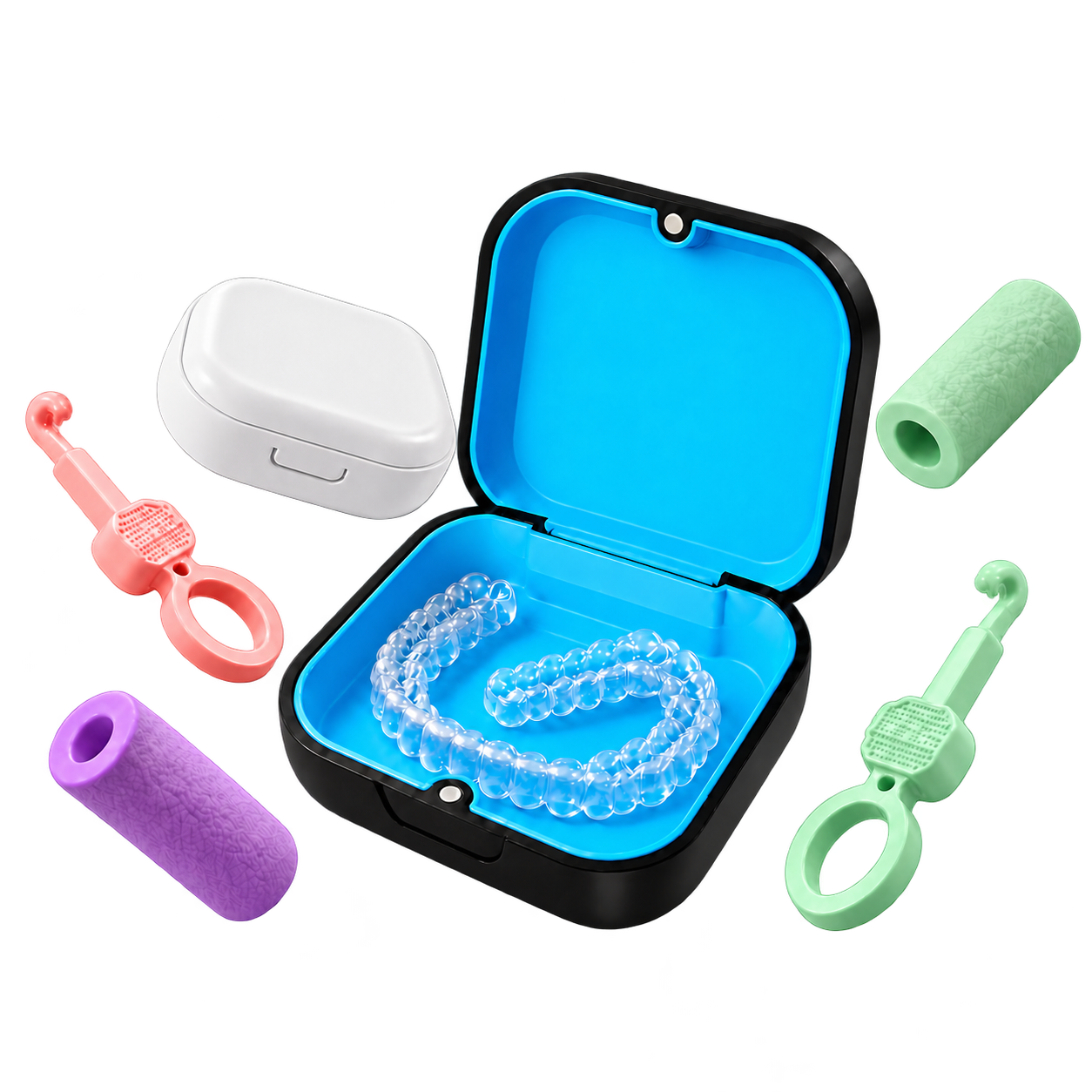Blue-interior retainer case with clear aligners, white case, removal tools and chewies