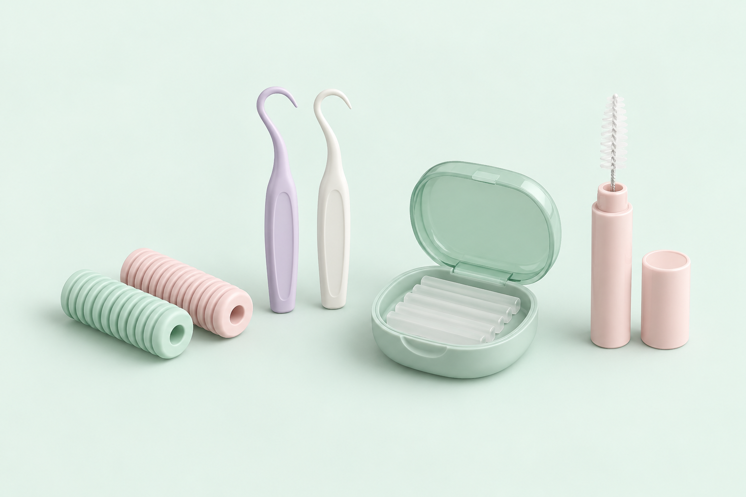 Coordinated orthodontic accessories in pastel colors